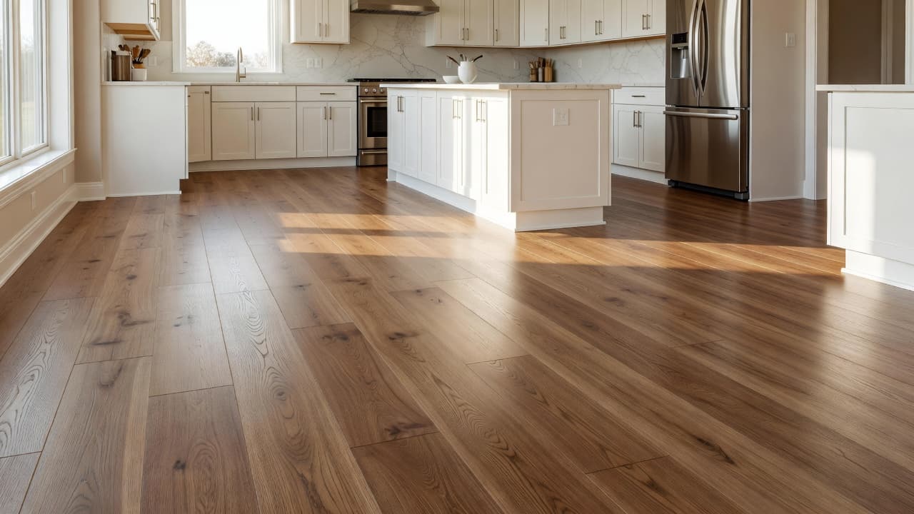 Sunlight streams across premium wood-look vinyl planks installed in a spacious residential kitchen. The polished surface texture complements the contemporary white cabinetry and stainless steel appliances found throughout the room.