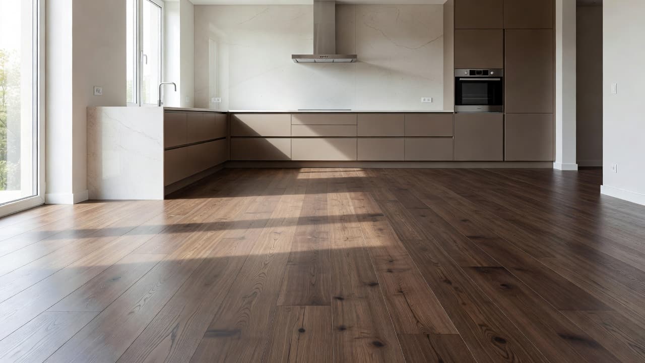 Sunlight illuminates the realistic wood-grain textures of premium vinyl planks installed across a spacious kitchen floor. Sleek white cabinetry and clean architectural lines complement the modern, durable surface of the floor.