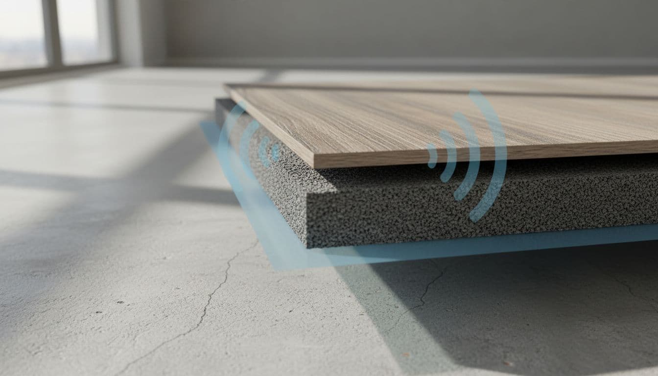Cutaway view of LVP over acoustic underlayment on concrete