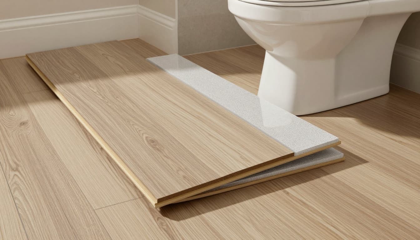 Photorealistic high-resolution cutaway diagram of a partially lifted luxury vinyl plank in a residential bathroom, revealing cross-section layers: clear urethane wear layer, printed wood grain decor film, rigid core, and underlayment backing.