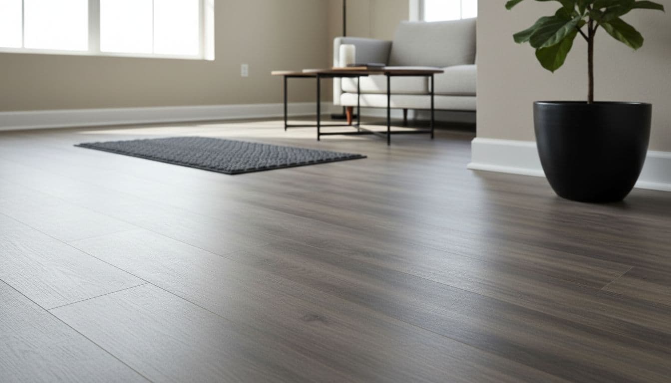 Close-up of medium gray wood-look luxury vinyl plank flooring in a modern rental living room with subtle texture, natural daylight, clean durable appearance, one entry mat and potted plant in corner, no people or damage.