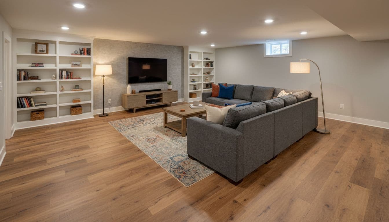 Finished basement in Cumming GA home featuring luxury vinyl plank flooring mimicking oak wood in a cozy family room with sectional sofa, coffee table, wall TV, and warm ambient lighting. Wide-angle view shows the full modern living space with realistic high-resolution details, no people.