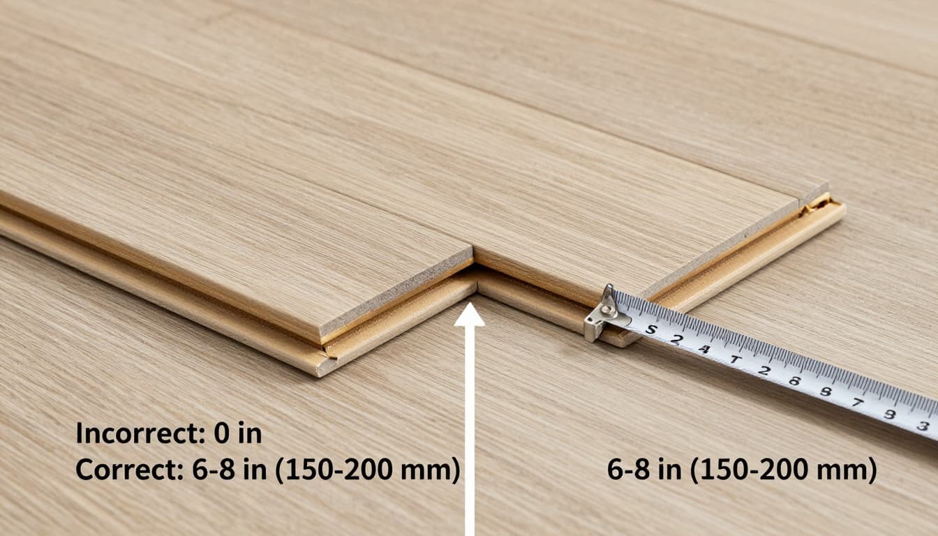 Photorealistic 3/4 angle close-up side-by-side comparison of luxury vinyl plank end joints: left incorrect 0 inch spacing, right correct 6-8 inch spacing with tape measure overlay on light oak planks.