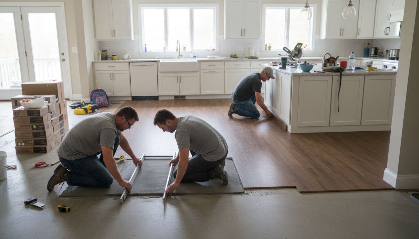 Skilled flooring contractors install luxury vinyl plank (LVP) flooring in a busy family kitchen, featuring subfloor preparation with leveling tools, precise plank placement, and clean edges in a modern Alpharetta-style home under bright natural daylight.