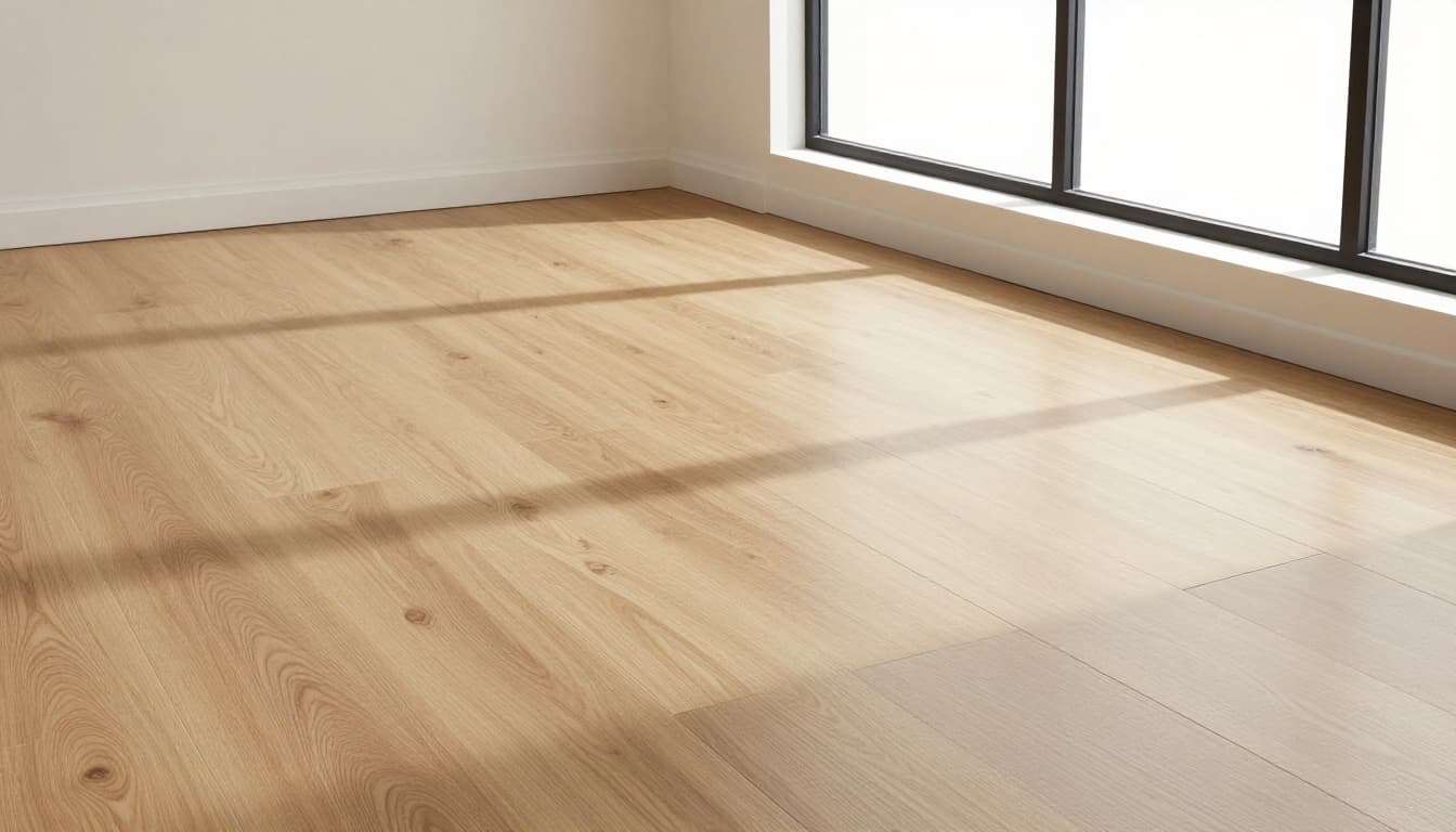 Luxury vinyl plank flooring in a sunny first-floor living room displays minor wear from foot traffic with intact seams and natural wood-look texture, lit by large windows in cinematic style with strong contrast.