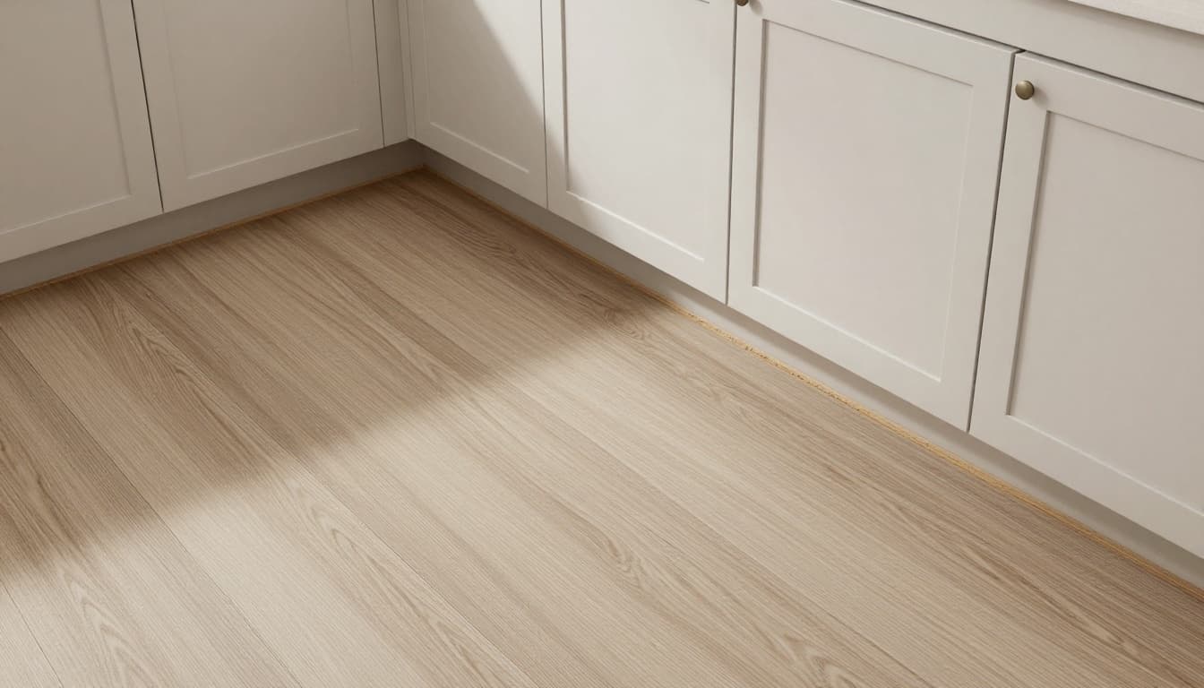 Photorealistic overhead angled view of a modern kitchen with base cabinets and exposed subfloor, showing planned click-lock LVP layout with 1/4-inch to 3/8-inch expansion gaps along cabinets and walls using spacers.