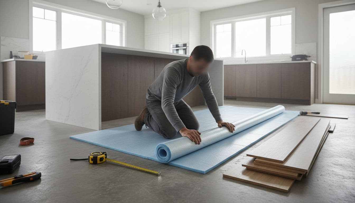 Contractor installing moisture-friendly underlayment under LVP in a kitchen