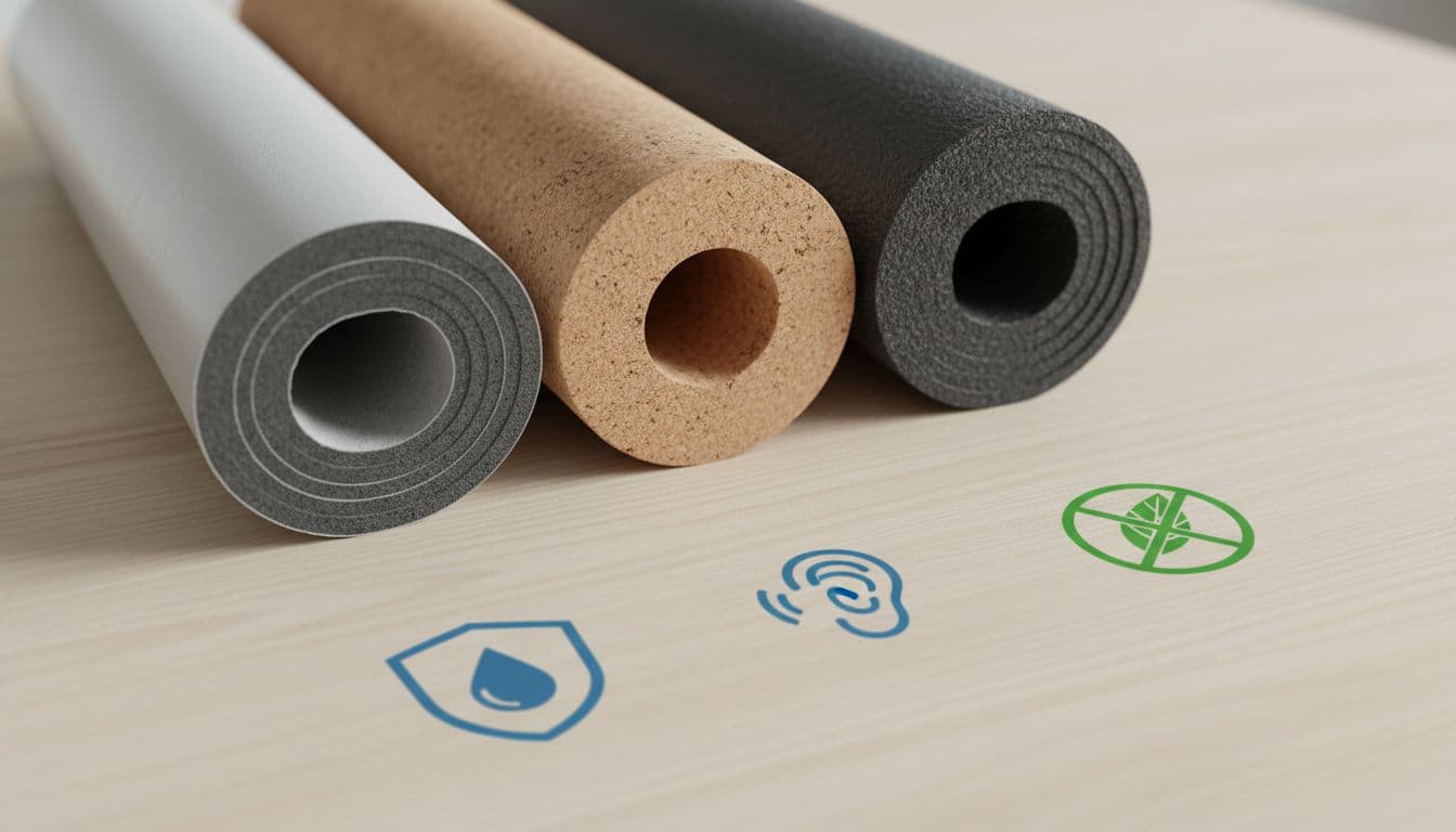 LVP underlayment roll comparison on a tabletop