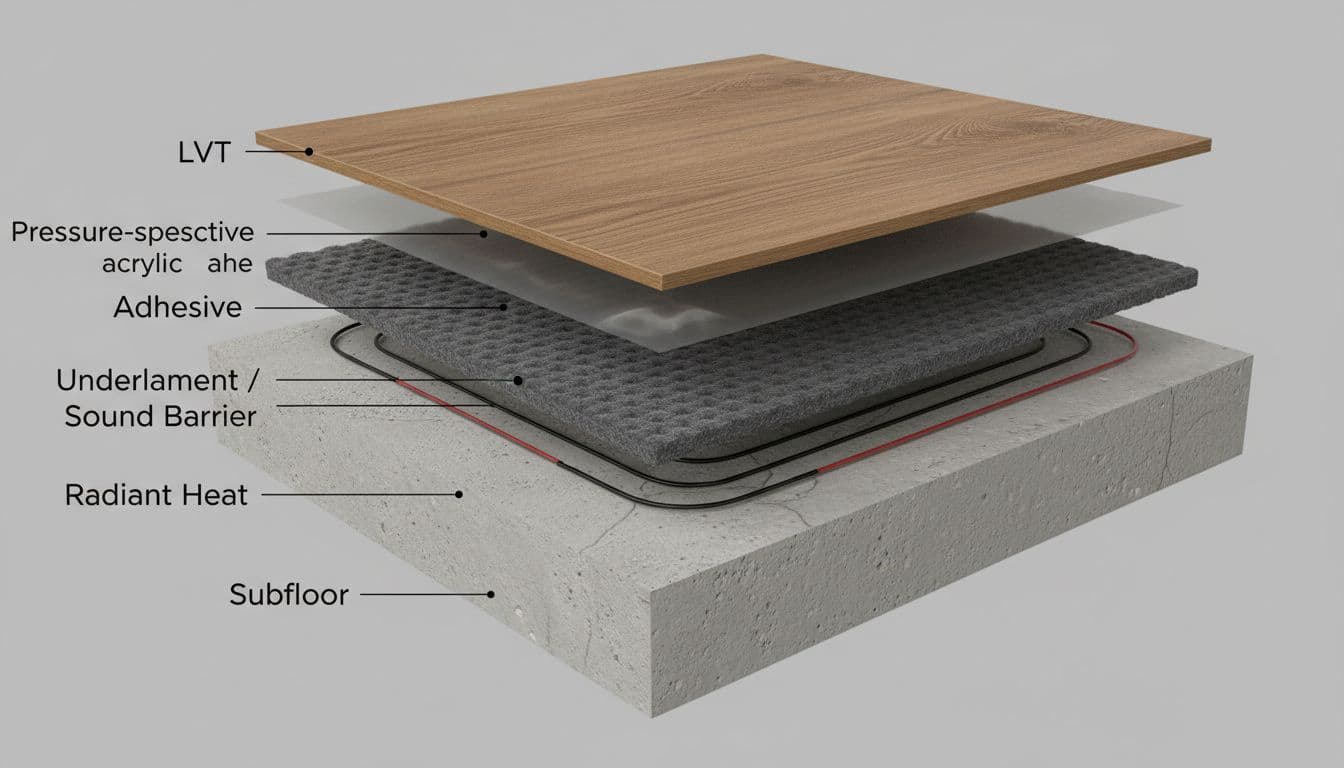 Layered cross-section of LVT over radiant heat
