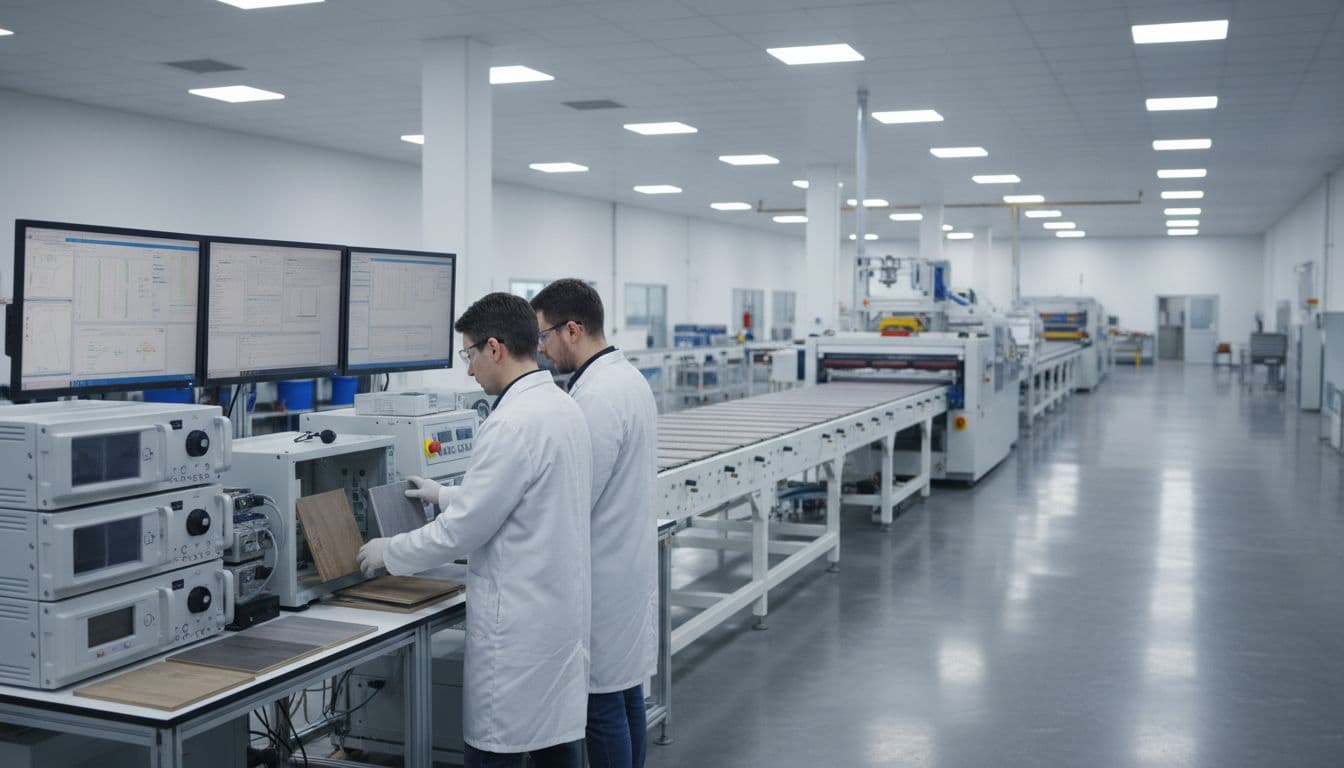Modern flooring factory interior shows two workers using lab equipment to test LVT tiles for VOC emissions, with conveyor belt in background and clean industrial setting.