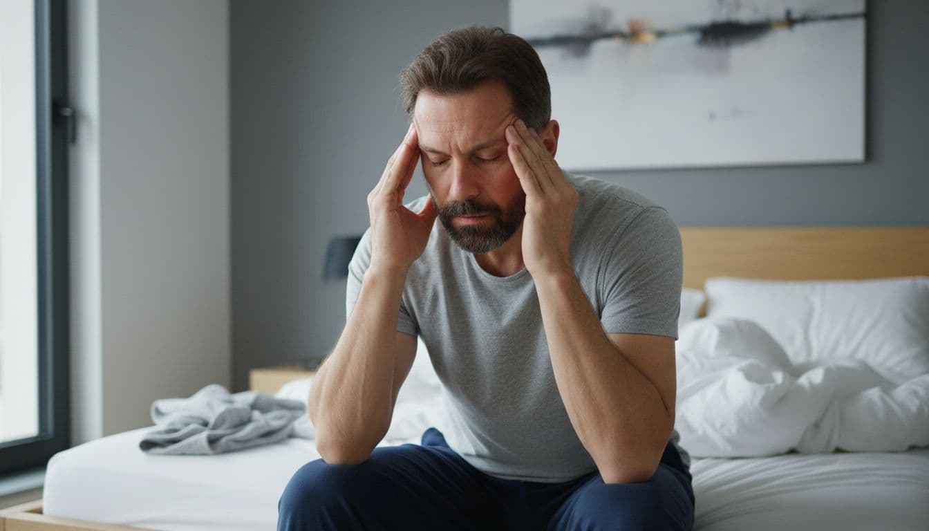 Diverse adult man in 40s sits on bed edge in modern bedroom, rubbing temples with tired posture from poor sleep and untreated sleep apnea fatigue, shown through rumpled sheets and natural morning light.