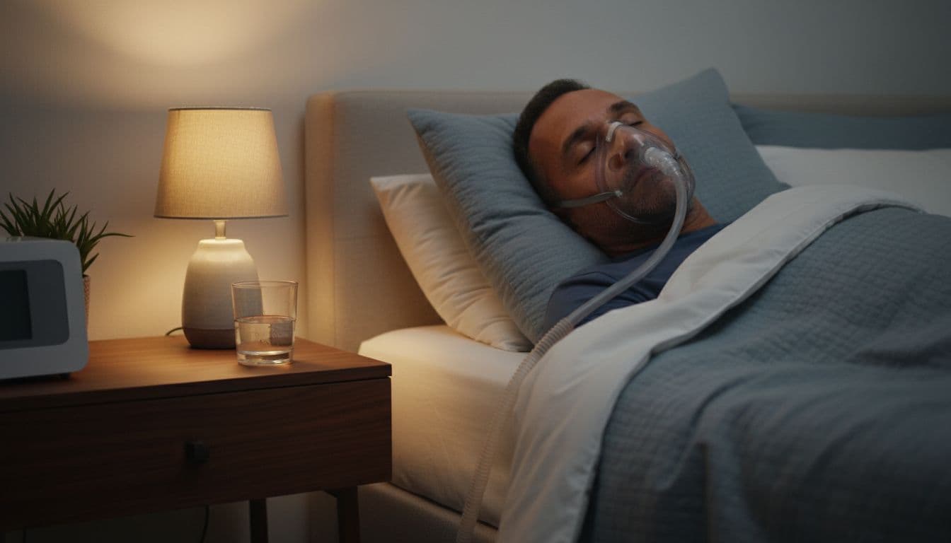 Photo-realistic image of a diverse middle-aged man sleeping peacefully in a modern bedroom, wearing a properly fitted CPAP mask under soft evening indoor lighting with a bedside water glass and lamp glow.
