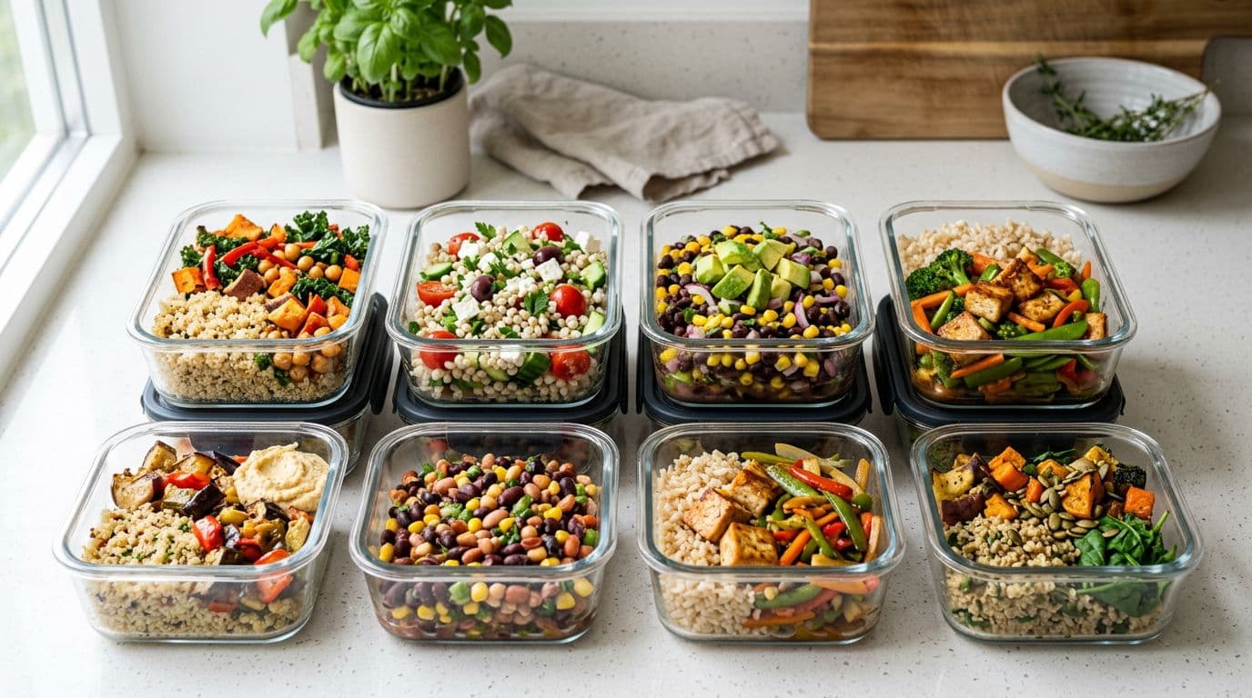 Top-down photorealistic view of meal-prep containers filled with quinoa, barley, roasted vegetables, bean salad, and tofu stir-fry in a clean modern kitchen with natural window light and vibrant colors.