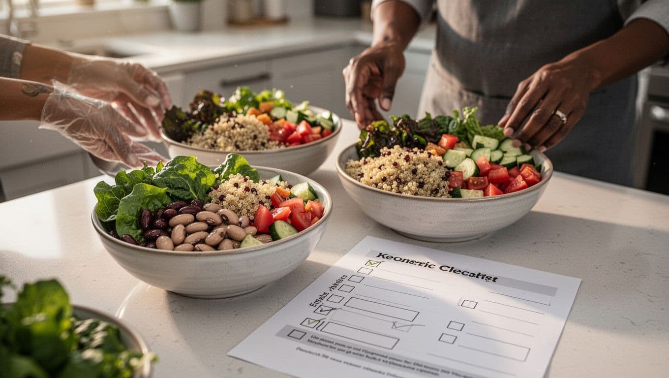 Photorealistic image of diverse hands preparing two colorful Mediterranean-style meal prep bowls filled with leafy greens, beans, quinoa, tomatoes, and cucumbers on a modern kitchen counter, next to a blank printed checklist. Captured in warm natural morning light with shallow depth of field.