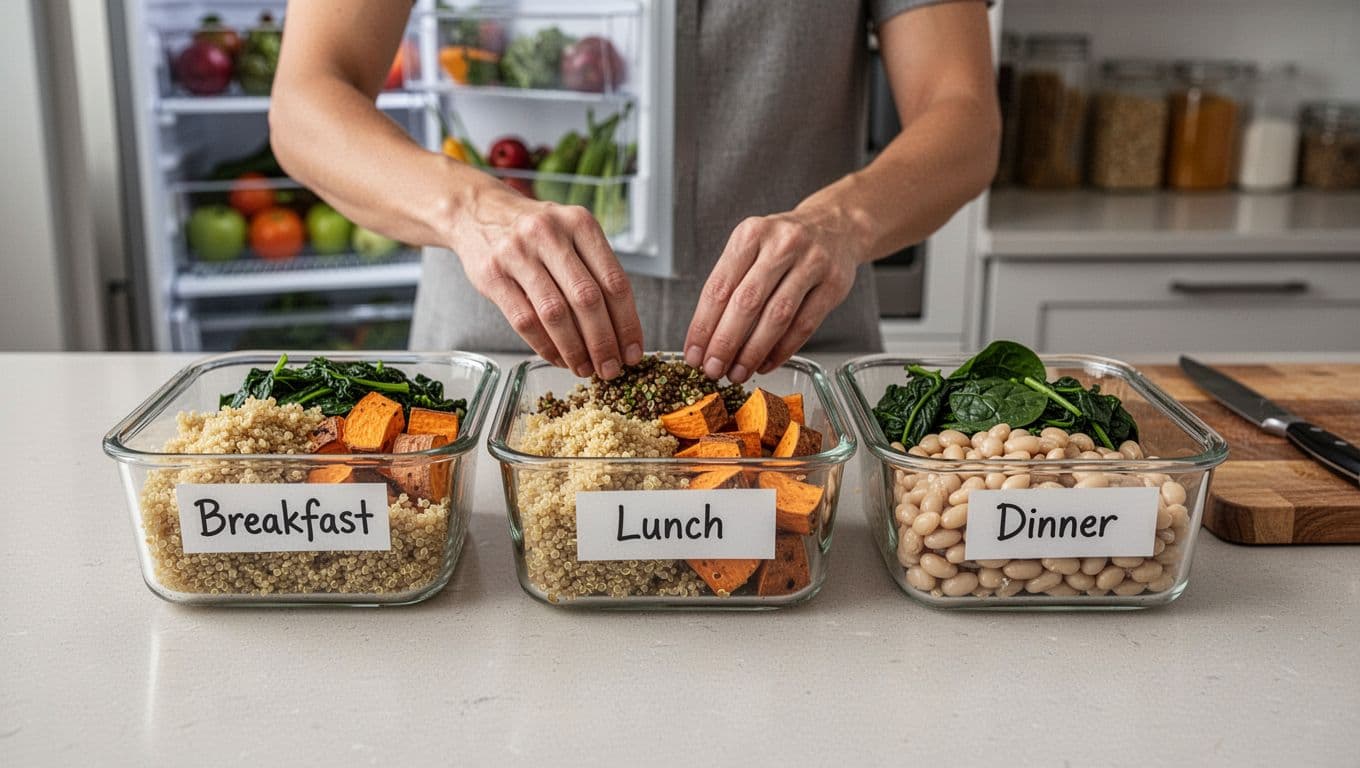 Hands portioning cooked quinoa, roasted sweet potato cubes, sautéed spinach, and white beans into three clear glass containers labeled Breakfast, Lunch, and Dinner on a neutral kitchen counter, with soft natural light and blurred background fridge.