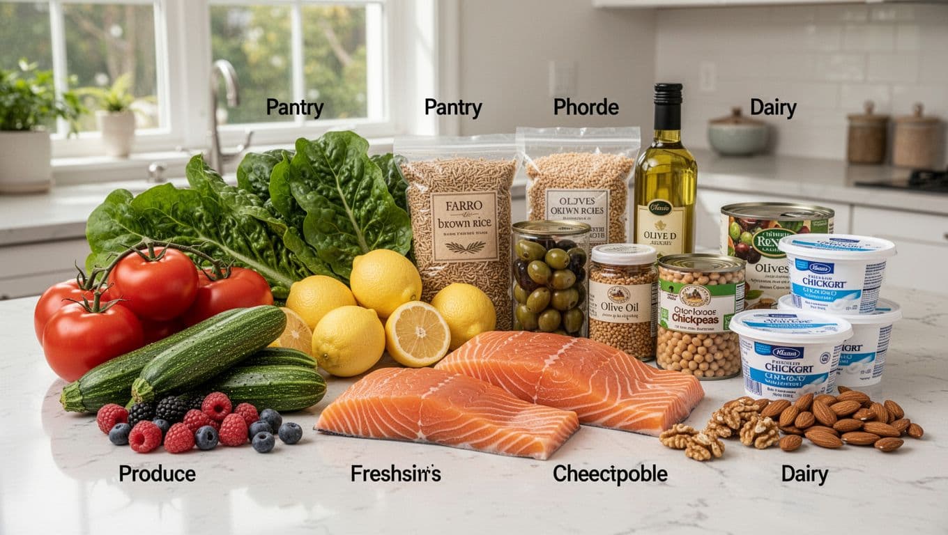 Photo-realistic image of a simple Mediterranean diet grocery haul neatly arranged on a kitchen counter, featuring produce, pantry items, proteins, and dairy in grouped categories under bright natural light.