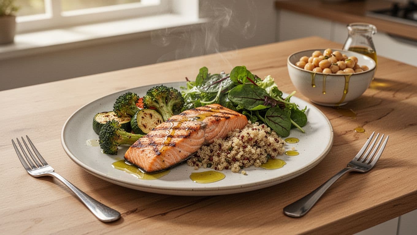 Photorealistic editorial image of a healthy Mediterranean-style meal prep on a wooden kitchen table, featuring grilled salmon, quinoa, roasted broccoli and zucchini, a side salad with leafy greens in olive oil, and a bowl of chickpeas, lit by warm natural morning light with subtle steam and glossy drizzles.