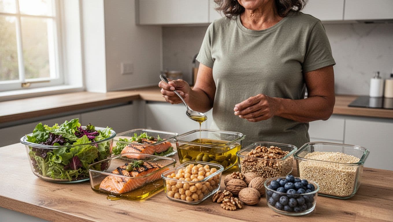 Photorealistic editorial image showing a modern kitchen meal-prep setup with colorful Mediterranean foods like grilled salmon, quinoa, chickpeas, greens, nuts, and berries in glass containers on a wooden counter, softly lit by natural light, with one diverse woman in her 40s casually holding a spoon nearby.