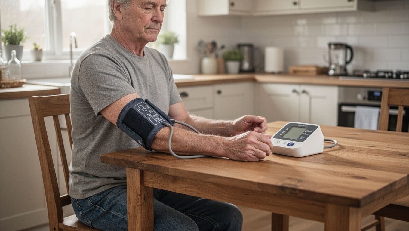 Photorealistic image of a middle-aged adult calmly taking blood pressure at a wooden kitchen table during morning natural light, with proper posture: back supported, feet flat, arm at heart level.