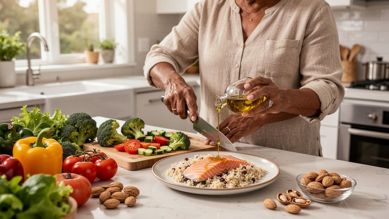 Photo-realistic image of a diverse middle-aged adult (40-70) in a bright modern home kitchen, relaxedly chopping broccoli and tomatoes while drizzling olive oil over salmon and whole grains on a plate.