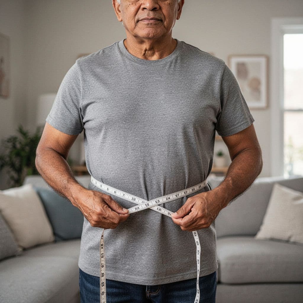 Photorealistic editorial-style image of a middle-aged man of diverse ethnicity measuring his waist with a soft cloth tape measure over a plain gray t-shirt in a neutral home living room with soft natural light.