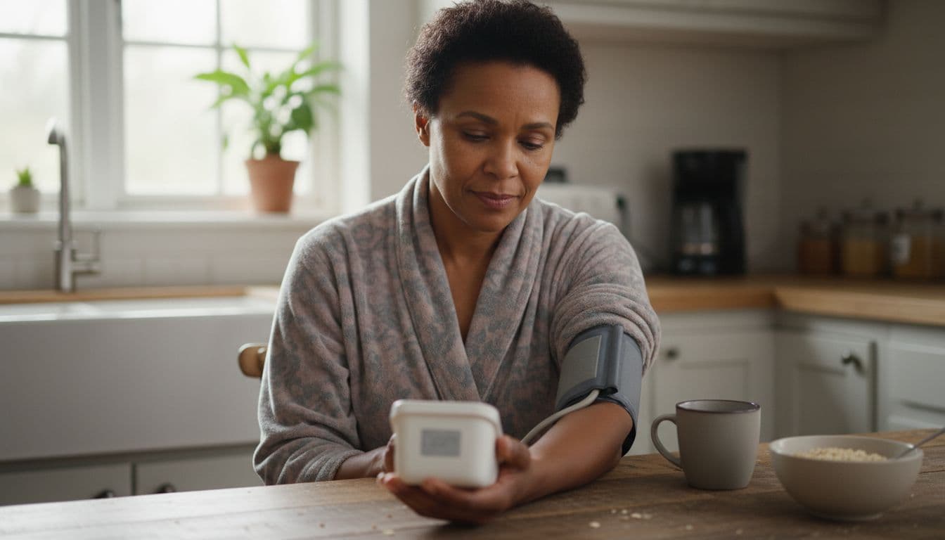 Photo-realistic image of a diverse middle-aged woman seated at a wooden kitchen table in natural morning light, calmly using an upper-arm blood pressure cuff monitor to check her reading with a focused expression.