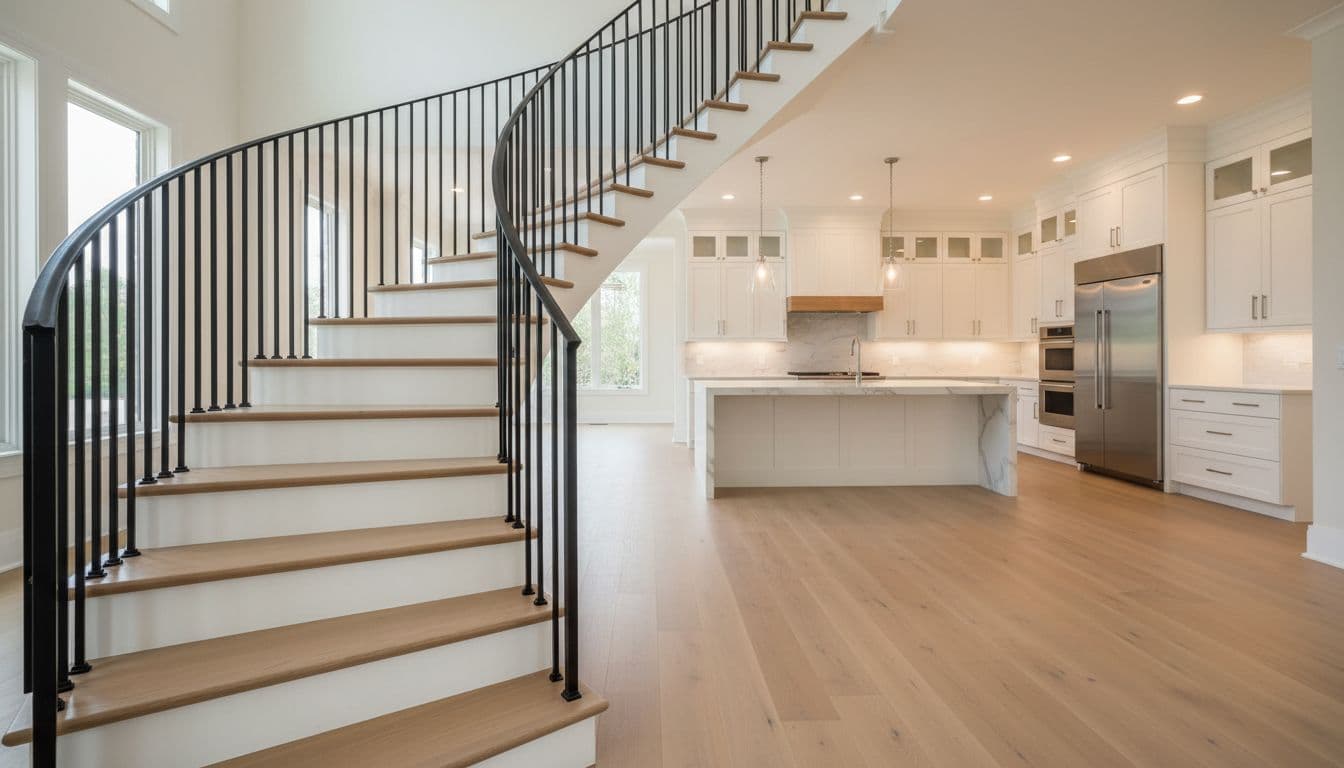 Curved staircase beside an open-concept kitchen