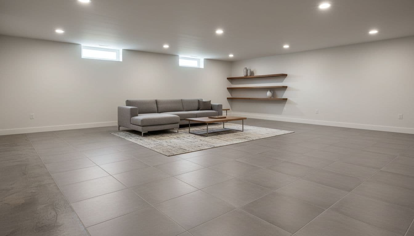 Spacious modern basement interior featuring durable porcelain tile flooring on concrete subfloor, neutral gray tiles, simple contemporary furniture, and soft natural light. Realistic high-resolution photograph illustrating moisture-resistant tile in a finished basement space.