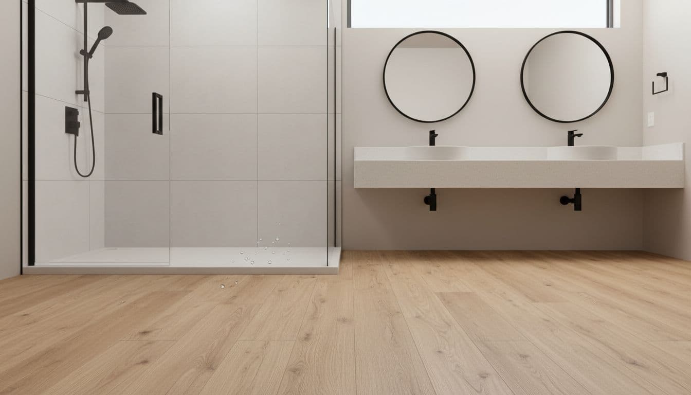 Photorealistic high-resolution interior photo of a bright modern residential bathroom with white neutral tile shower, glass door, matte black fixtures, quartz vanity top, and light oak luxury vinyl plank flooring. Subtle water droplets imply recent use, with natural soft lighting and ultra-realistic textures.