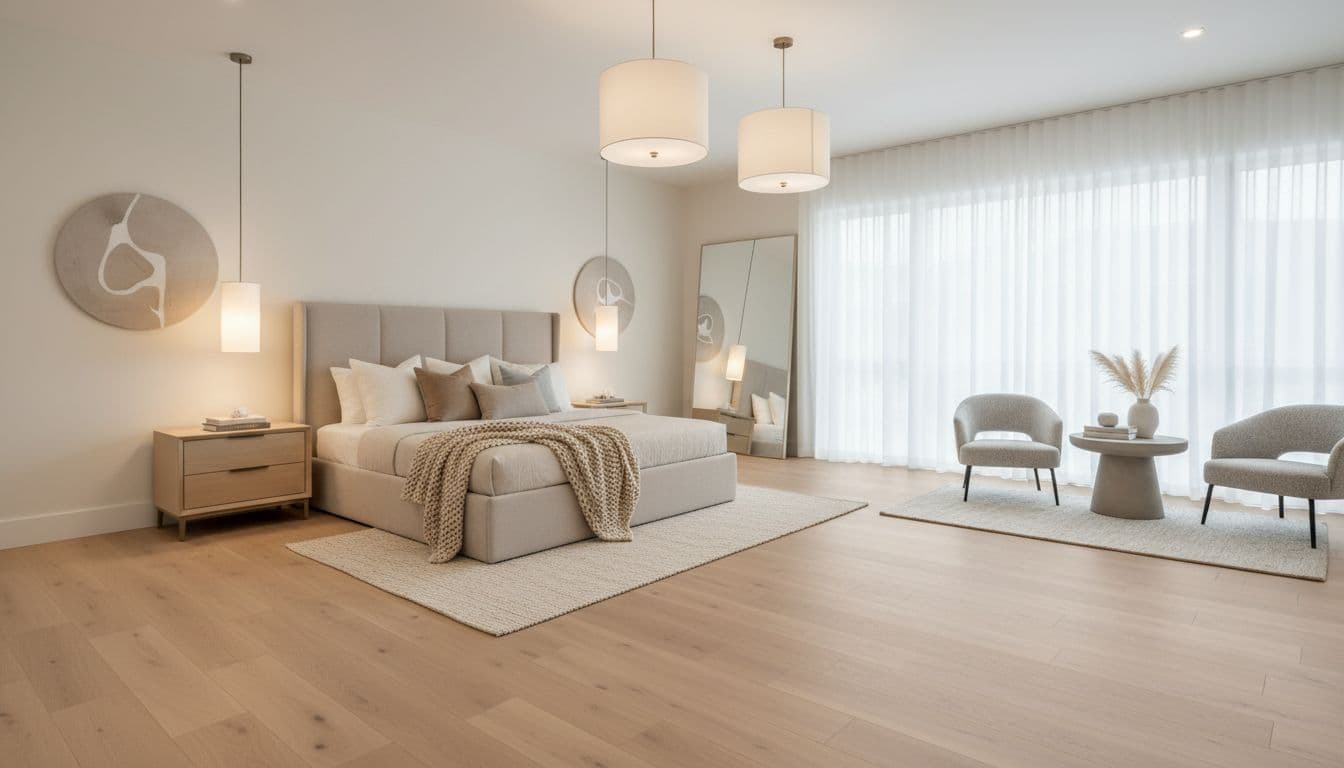 Spacious modern bedroom showroom featuring luxury vinyl plank LVP flooring in light oak, neutral decor, open space appealing to buyers, soft lighting, realistic high-end photo style, no people or text.
