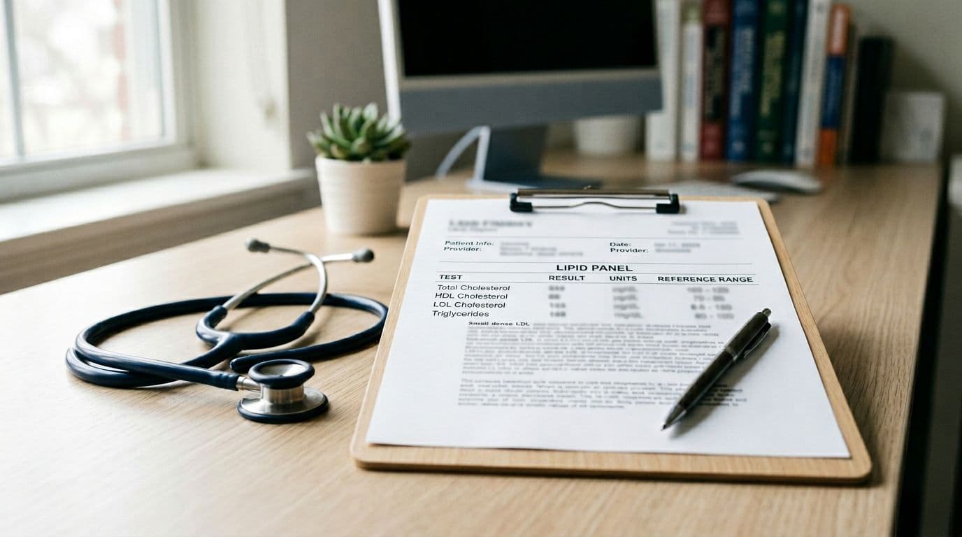 A professional, photo-realistic scene of a clean modern primary-care clinic desk featuring a blurred lipid panel lab report on a clipboard, stethoscope, and pen, illuminated by soft window light.