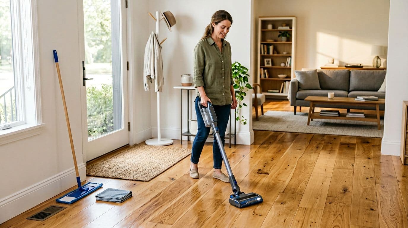 Photorealistic bright modern entryway and living room with polished hardwood floors, one person relaxed vacuuming high-traffic area near door using lightweight stick vacuum on hard-floor mode, microfiber mop and cloth nearby, natural daylight.