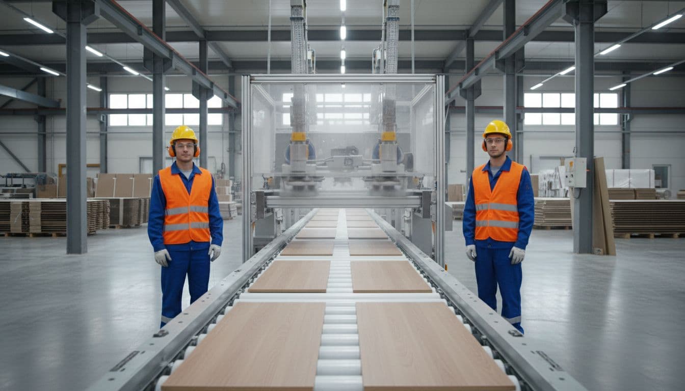Modern flooring manufacturing factory interior showing machines applying aluminum oxide grit wear layer to laminate planks on a conveyor belt, with two workers in safety gear monitoring the process.