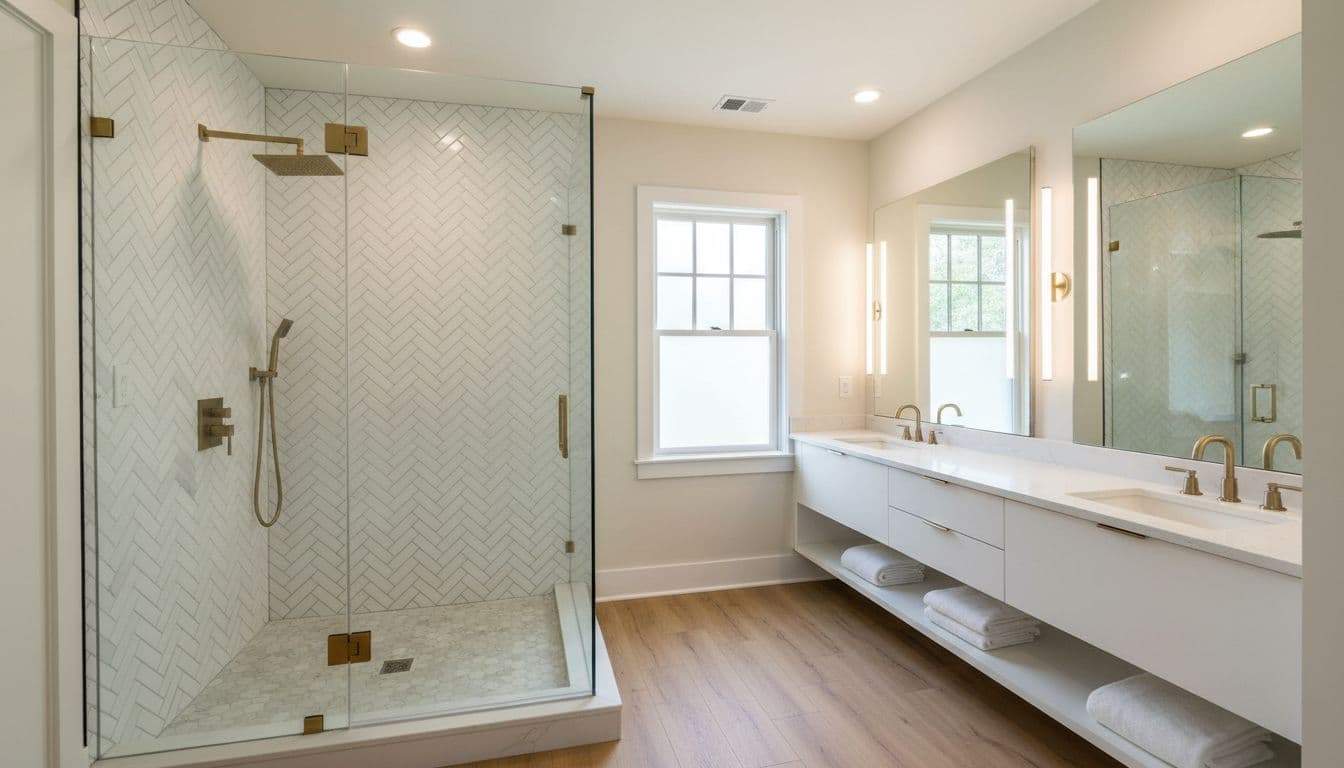 Beautifully remodeled modern bathroom featuring a spacious walk-in shower with premium tile and glass enclosure, luxury vinyl flooring, sleek vanity, bright lighting, and clean luxurious finishes.