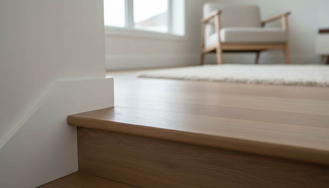 Close-up of flush stair nosing and landing edge