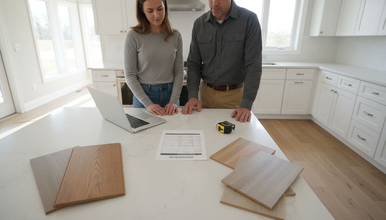 Homeowner and contractor reviewing an itemized flooring quote in a modern kitchen with plank samples, a laptop, and a tape measure