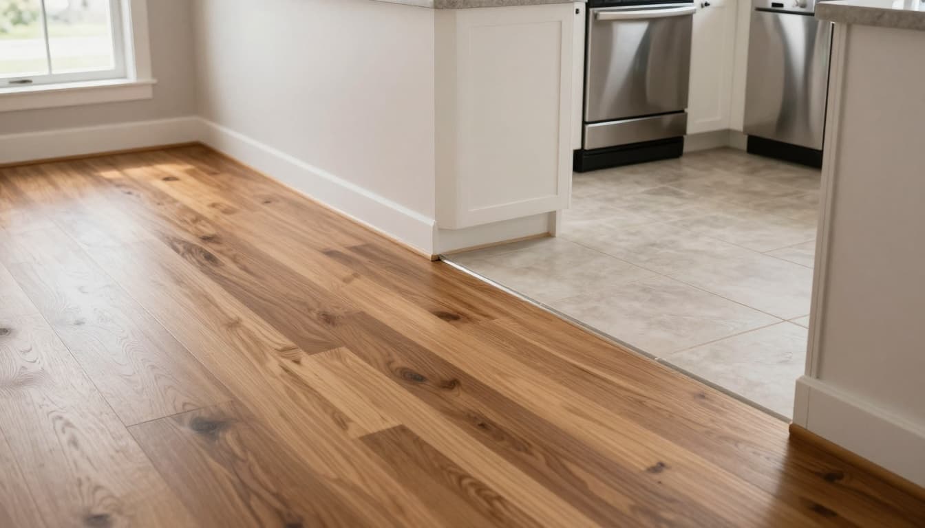 Ultra-realistic photo-style interior of a modern kitchen highlighting hardwood flooring adjoining tile flooring with matching satin sheen, blended tones, and a clean reducer transition strip. Includes white base cabinets, stainless steel appliances, island counter, and natural daylight from windows, captured from doorway angle focusing on the floor junction in a tidy, contemporary space.