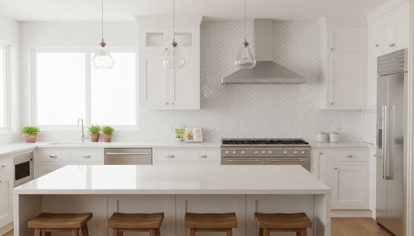 Modern kitchen with a white subway tile herringbone backsplash