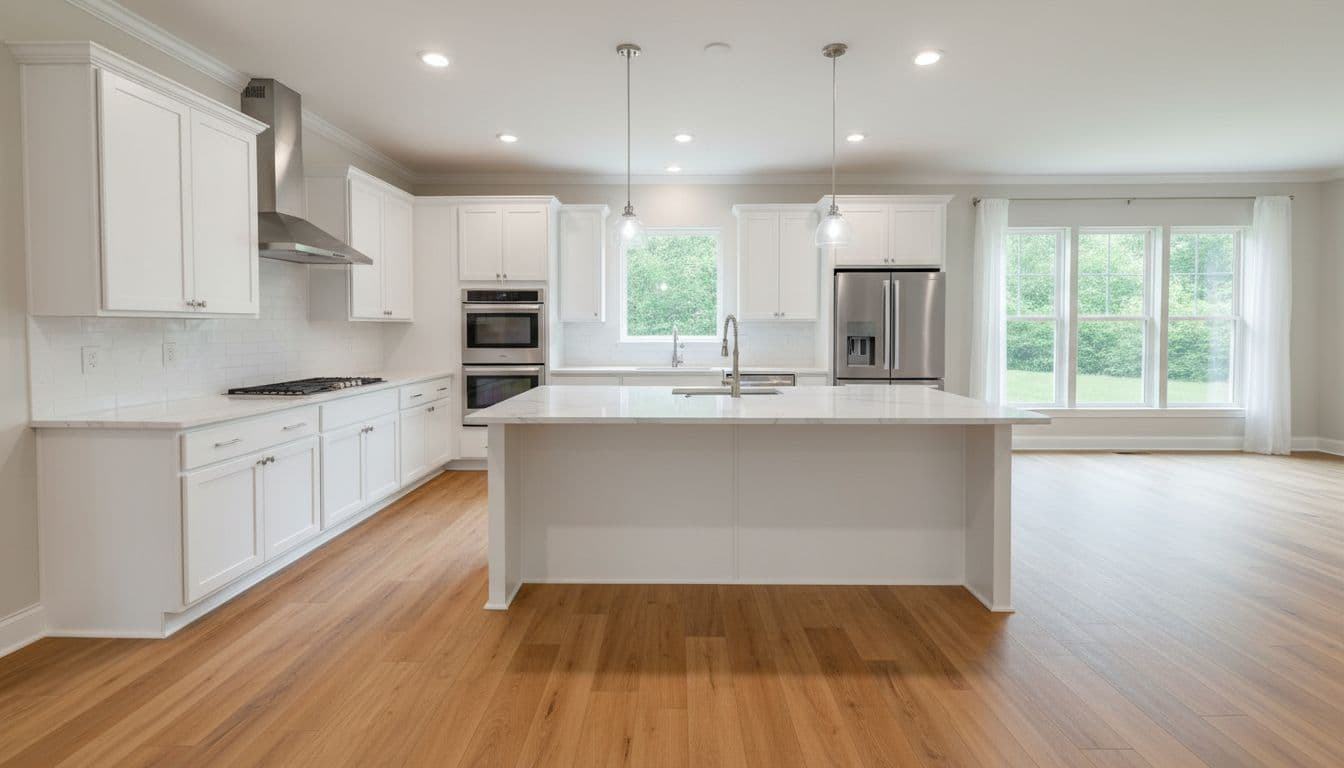 Bright open-concept kitchen in a Cumming GA style home featuring luxury vinyl plank flooring, white cabinets, quartz counters, stainless appliances, and abundant natural light from windows.