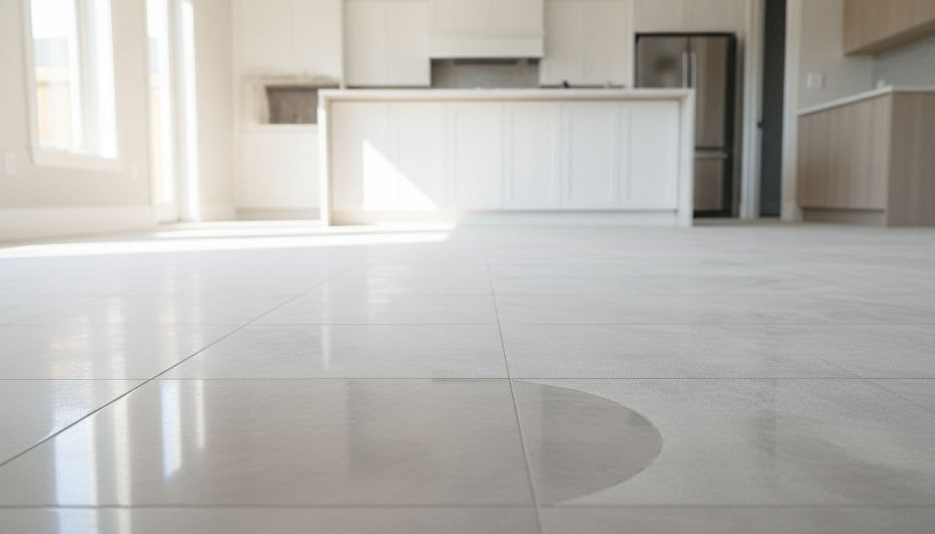 Modern kitchen floor with grout haze on new tiles