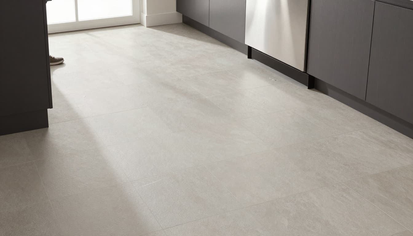 Photorealistic view of a busy modern family kitchen floor near the sink and dishwasher, showcasing slip-resistant light-to-medium gray stone-look porcelain tiles in a 12x24 running bond pattern with subtle matte texture, water droplets, and a safe sneaker footstep under natural daylight.