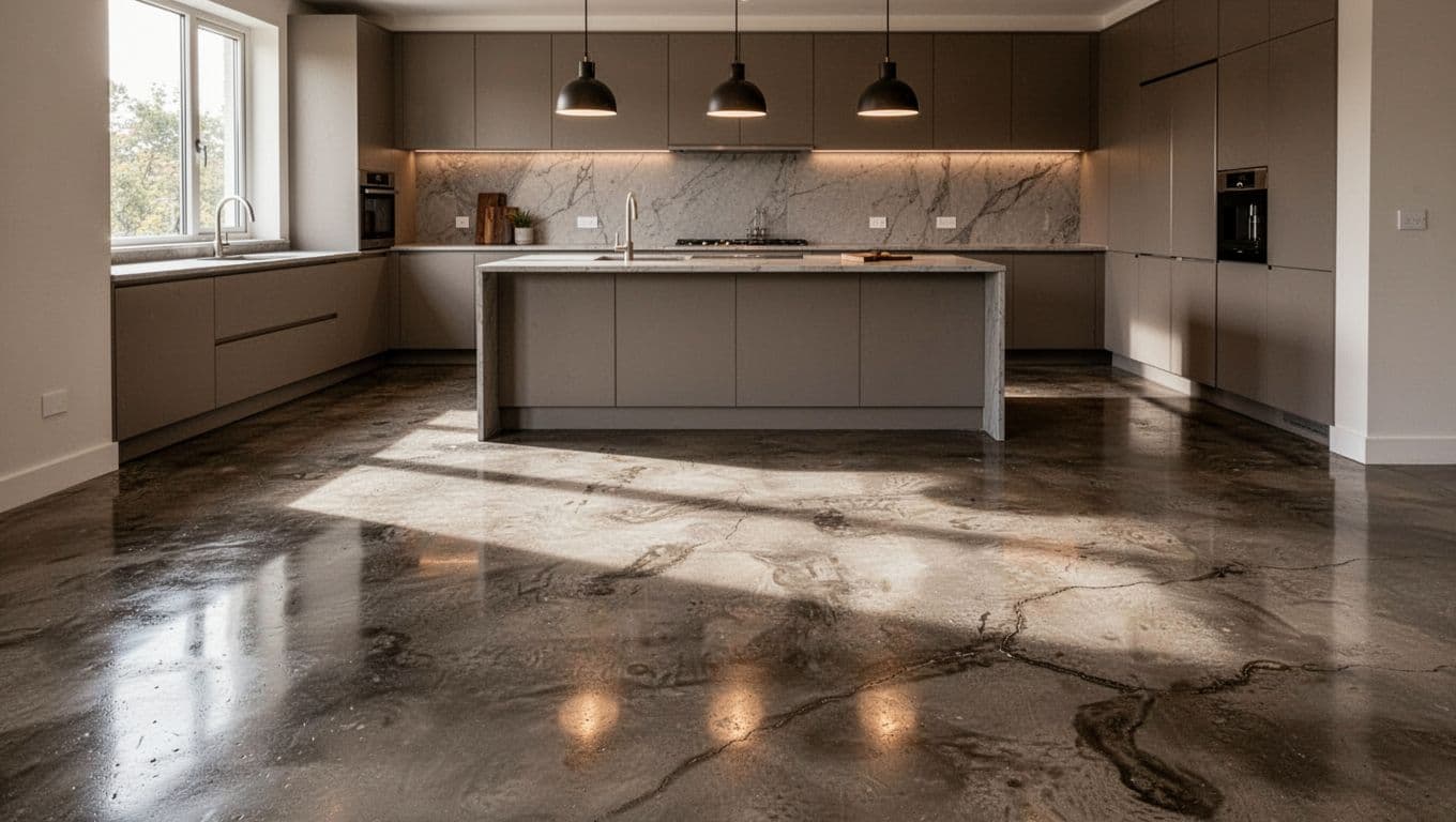 Contemporary kitchen interior featuring polished concrete floor stained in subtle gray-brown tones with natural veining and mottled effects, illuminated by dramatic pendant lights and window for cinematic depth and contrast.