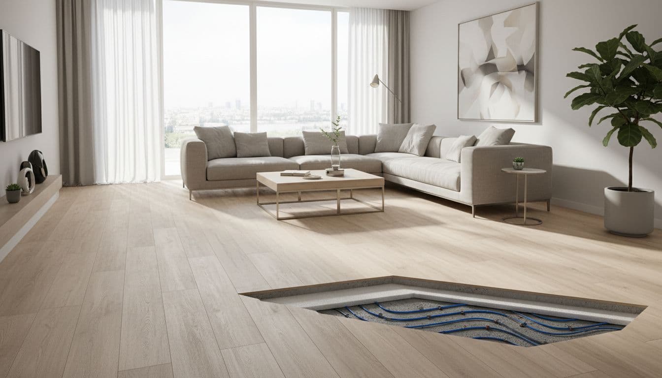 Modern living room with LVT and radiant heat cutaway