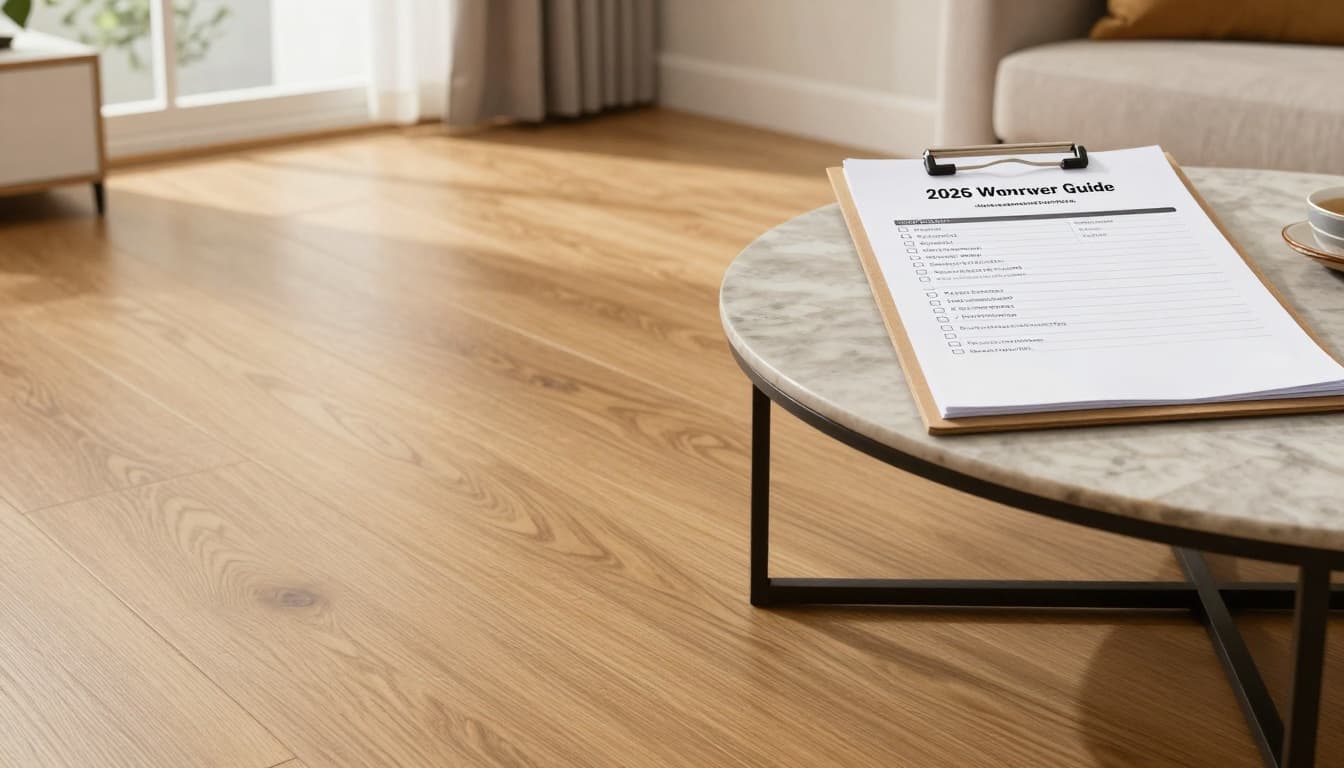 Modern living room with LVP and warranty checklist