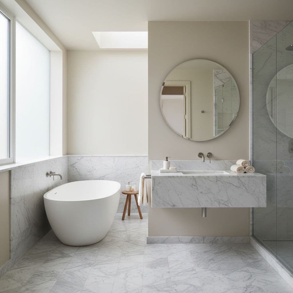 A bright, minimalist bathroom features premium marble mosaic floors and a sleek floating vanity.