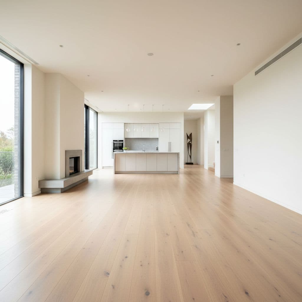 An empty, bright living room and kitchen area featuring seamless light oak hardwood flooring throughout.