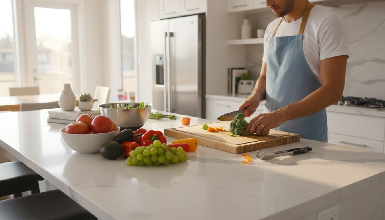 Modern quartz countertop on kitchen island in a busy family kitchen with scattered fruits, vegetables, and cooking utensils, warm natural lighting, and one person chopping vegetables in the background.