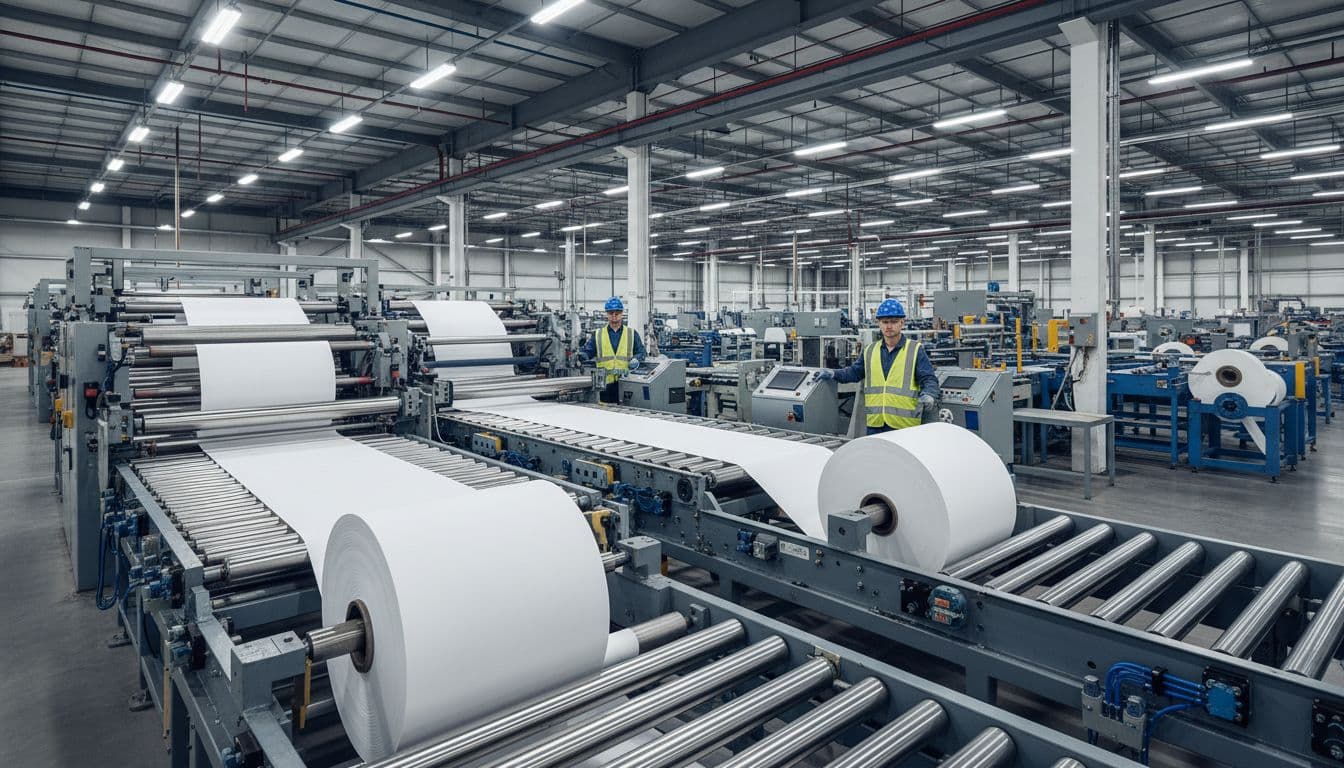 Interior of a modern flooring manufacturing factory showing a production line with large rolls of white release liner paper unwinding from spools onto machinery and conveyor belts. Two workers in safety gear stand relaxed at control panels in a clean, organized space with detailed industrial machinery under overhead lighting.