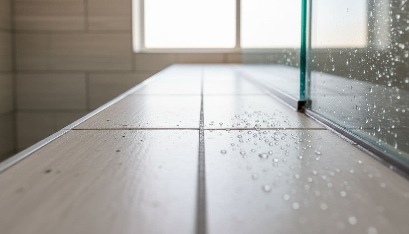 Photo-realistic close-up of modern bathroom shower tile grout lines, split to show left side with darkened mildew spots and right side freshly cleaned and sealed with water beads repelling.