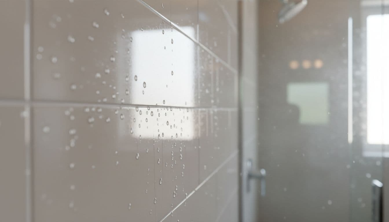 Photo-realistic close-up of freshly sealed white grout lines between large porcelain shower tiles in a humid modern bathroom. Water droplets bead and roll off the sealed grout surface after a shower, highlighting its repellency under bright natural light.